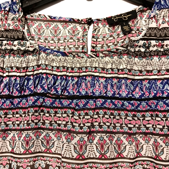 JessicaSimpson EUC Women's Bell Sleeve Blouse, Large, Sheer, Patterned, Gorgeous - Picture 3 of 10